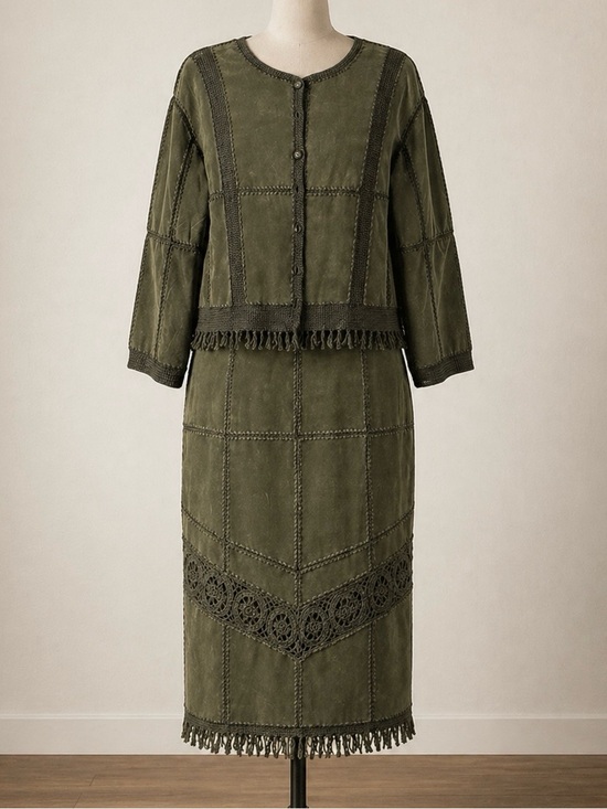 Vintage Jackets & Blazers - VINTAGE Suede Jacket & Skirt Set Crochet Western Cowgirl Boho Olive Green 2X